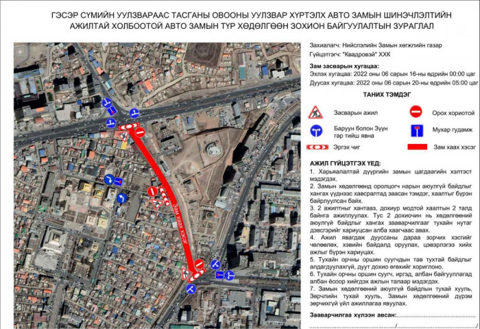 Тасганы овооноос Гэсэр сүм хүртэлх авто замыг хааж, засвар хийж байна