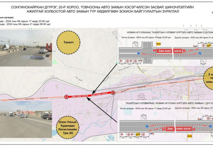 Номингийн уулзвараас Тахилтын уулзвар хүртэлх замыг хэсэгчлэн хааж шинэчилнэ