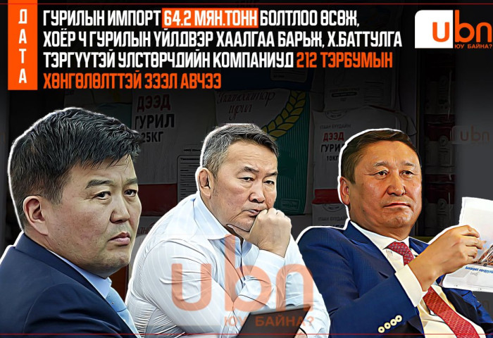 ДАТА: Гурилын импорт 64.2 мян.тонн болтлоо ӨСӨЖ, хоёр ч гурилын үйлдвэр хаалгаа барьж, Х.Баттулга, Х.Болорчулуун, Ц.Баатарсайхан тэргүүтэй хүмүүсийн компаниуд 212 ТЭРБУМЫН ХӨНГӨЛӨЛТТЭЙ ЗЭЭЛ АВЧЭЭ