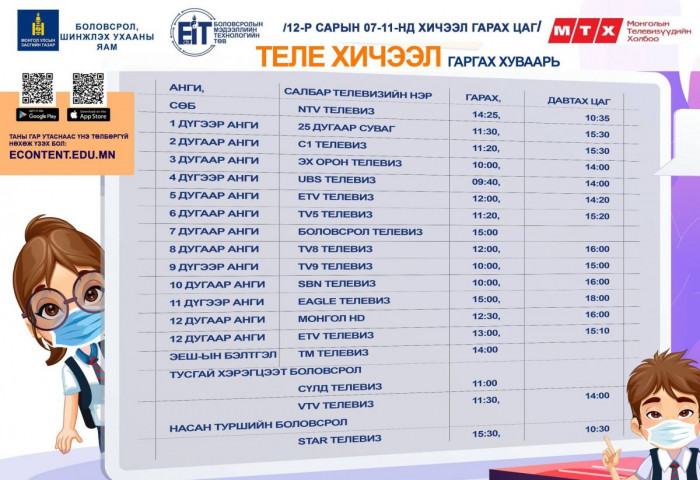 ТАНИЛЦ: Сурагчдын теле хичээлийн ирэх долоо хоногийн хуваарь