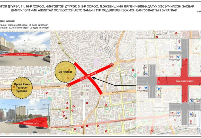 Тасганы овооны дөрвөн замын уулзварыг 22.00 цагаас хааж, шинэчилнэ