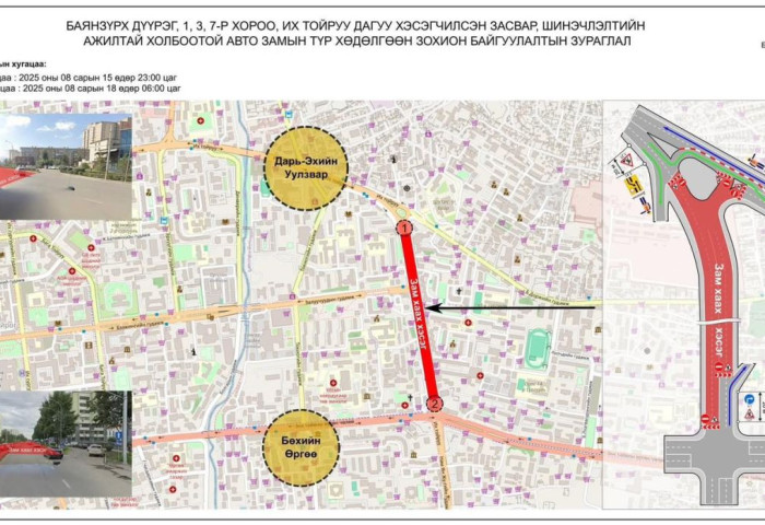 Сансарын тойргоос Зүүн дөрвөн замын уулзвар хүртэлх авто замыг өнөөдөр 23.00 цагаас хааж шинэчлэн 17-ны 06:00 цаг нээнэ
