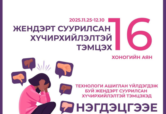 ТТЗ: Жендэрт суурилсан хүчирхийлэлтэй тэмцэх 16 хоногийн аянд нэгдэцгээе